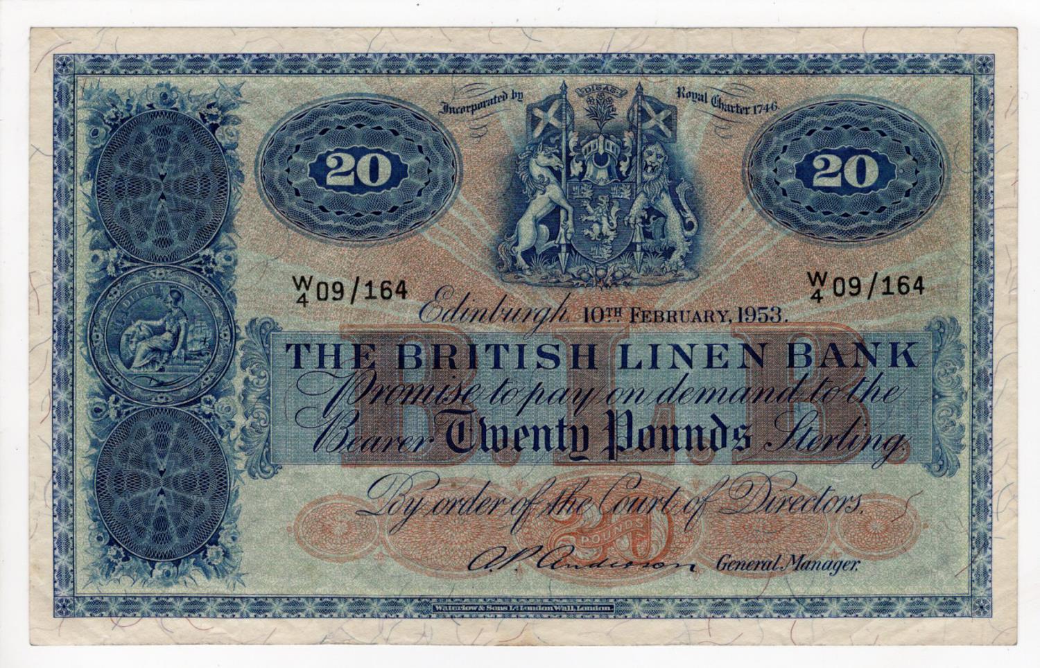 Scotland, British Linen Bank 20 Pounds dated 10th February 1953, signed A.P. Anderson, serial W/4