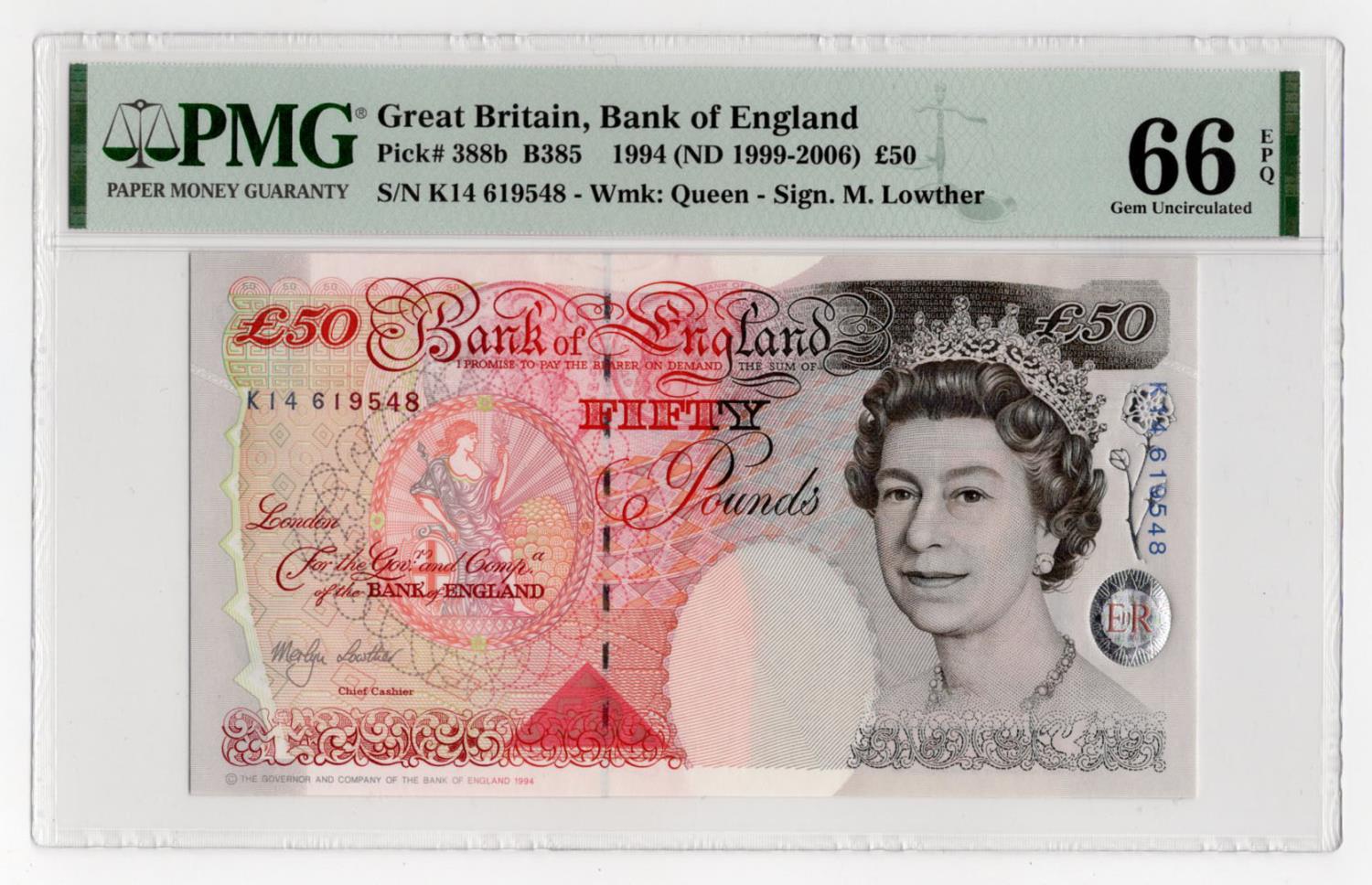 Lowther 50 Pounds (B385) issued 1999, serial K14 619548 (B385, Pick388b) in PMG holder graded 66 EPQ