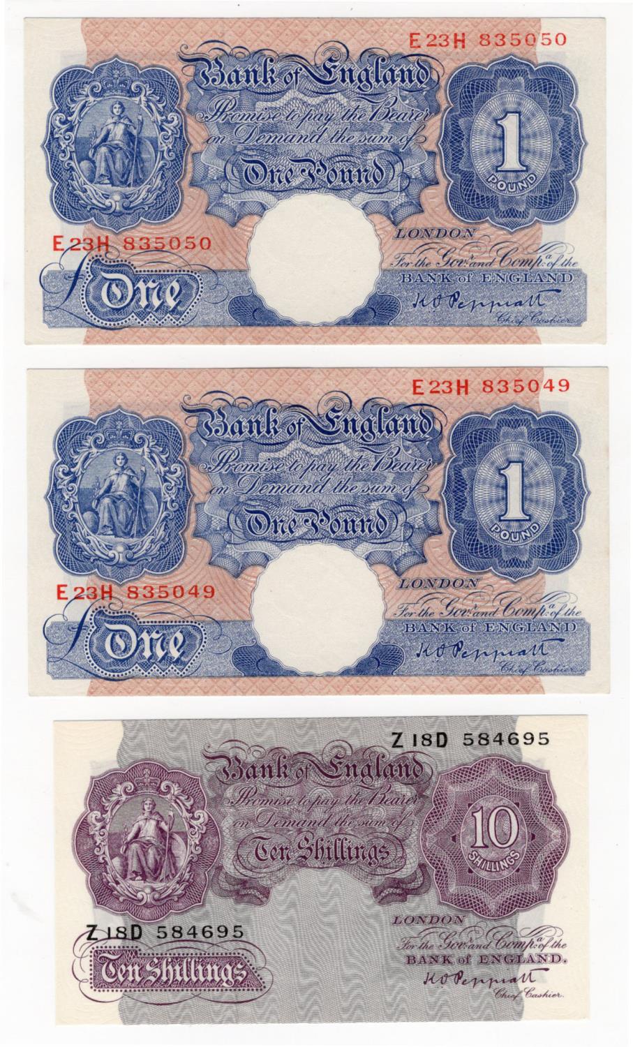 Peppiatt (3), 10 Shillings and 1 Pound issued 1940, 10 Shillings mauve WW2 emergency issue, serial