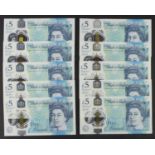 Cleland 5 Pounds (B414) issued 2016 (10), a group of '01' prefixes, a full set of all prefixes