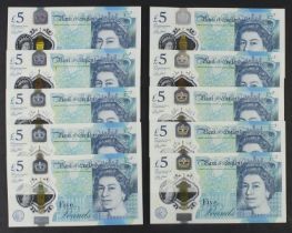 Cleland 5 Pounds (B414) issued 2016 (10), a group of '01' prefixes, a full set of all prefixes