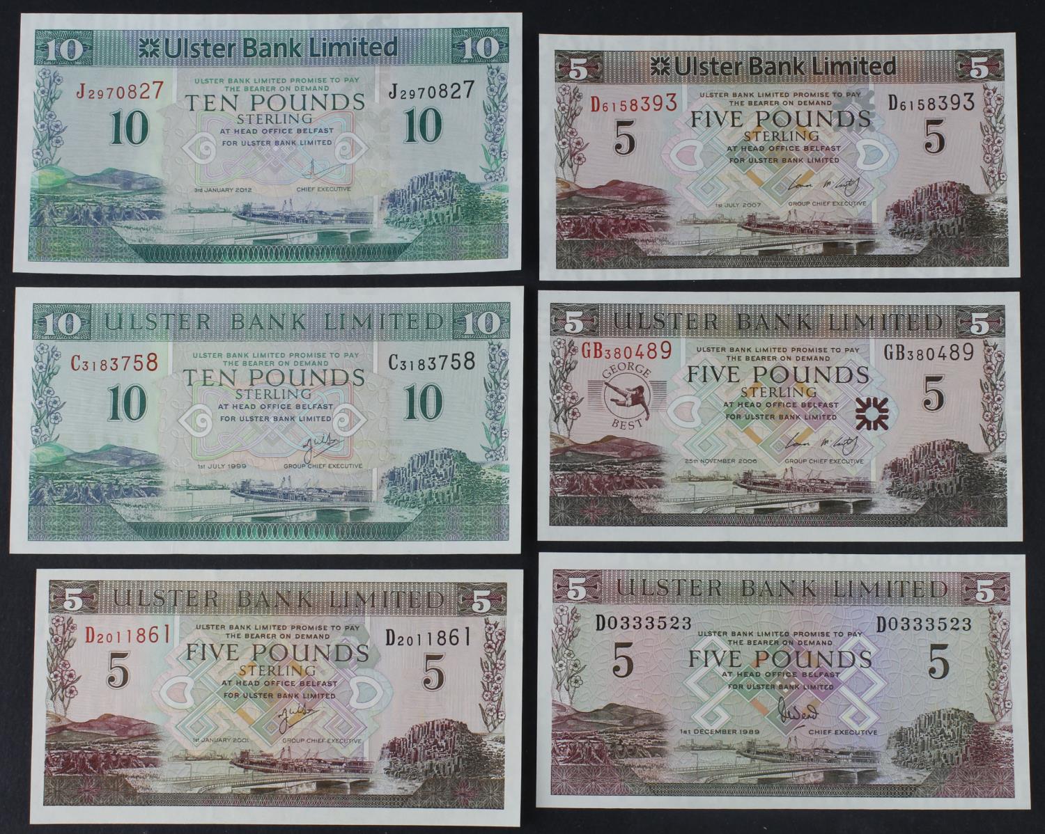 Northern Ireland, Ulster Bank Limited (6), 10 Pounds (2) dated 1999 and 2012, 5 Pounds (4) dated