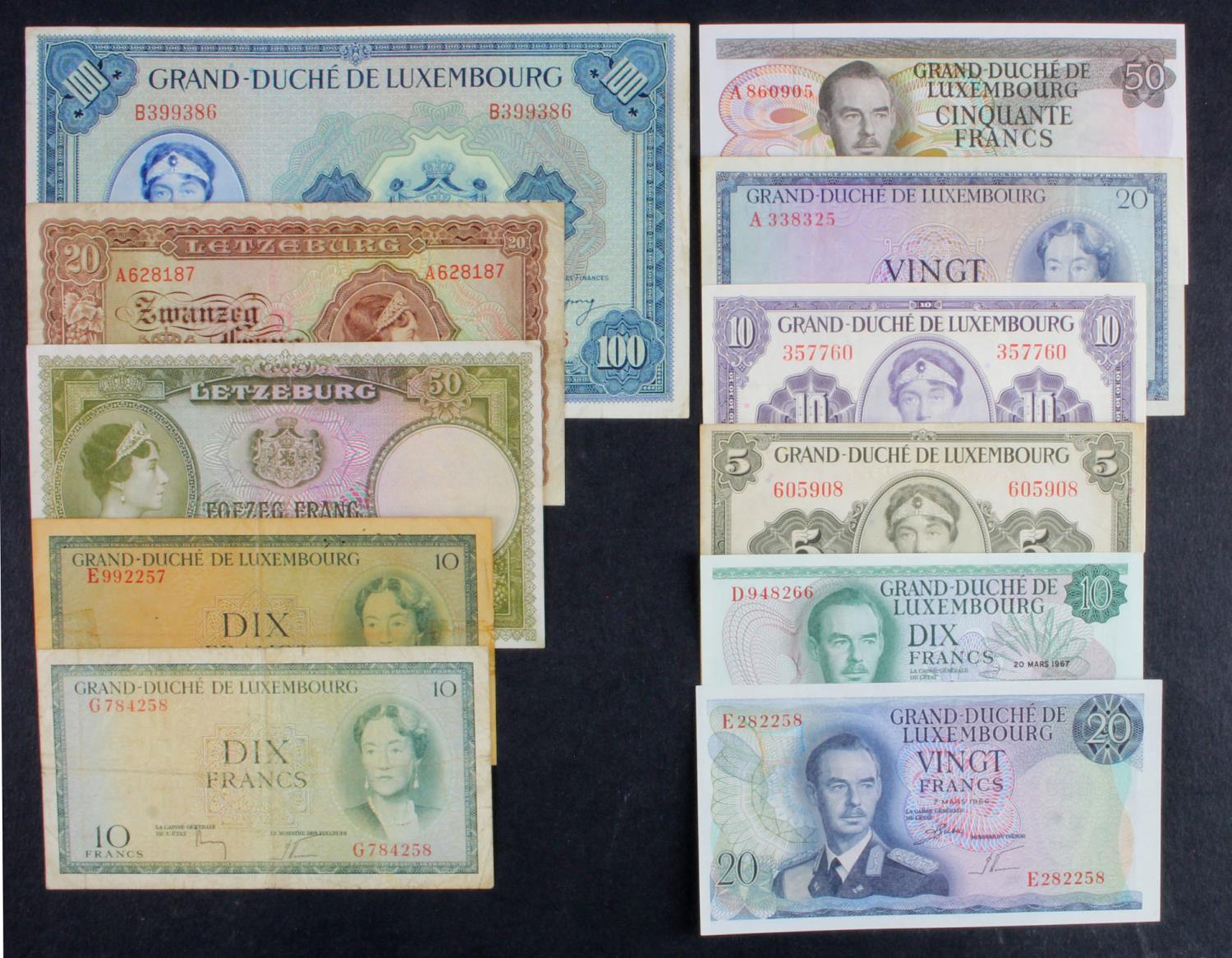 Luxembourg (11), 10 Francs 1967, 20 Francs 1966, 50 Francs 1972 these 3 Uncirculated, 20 Francs