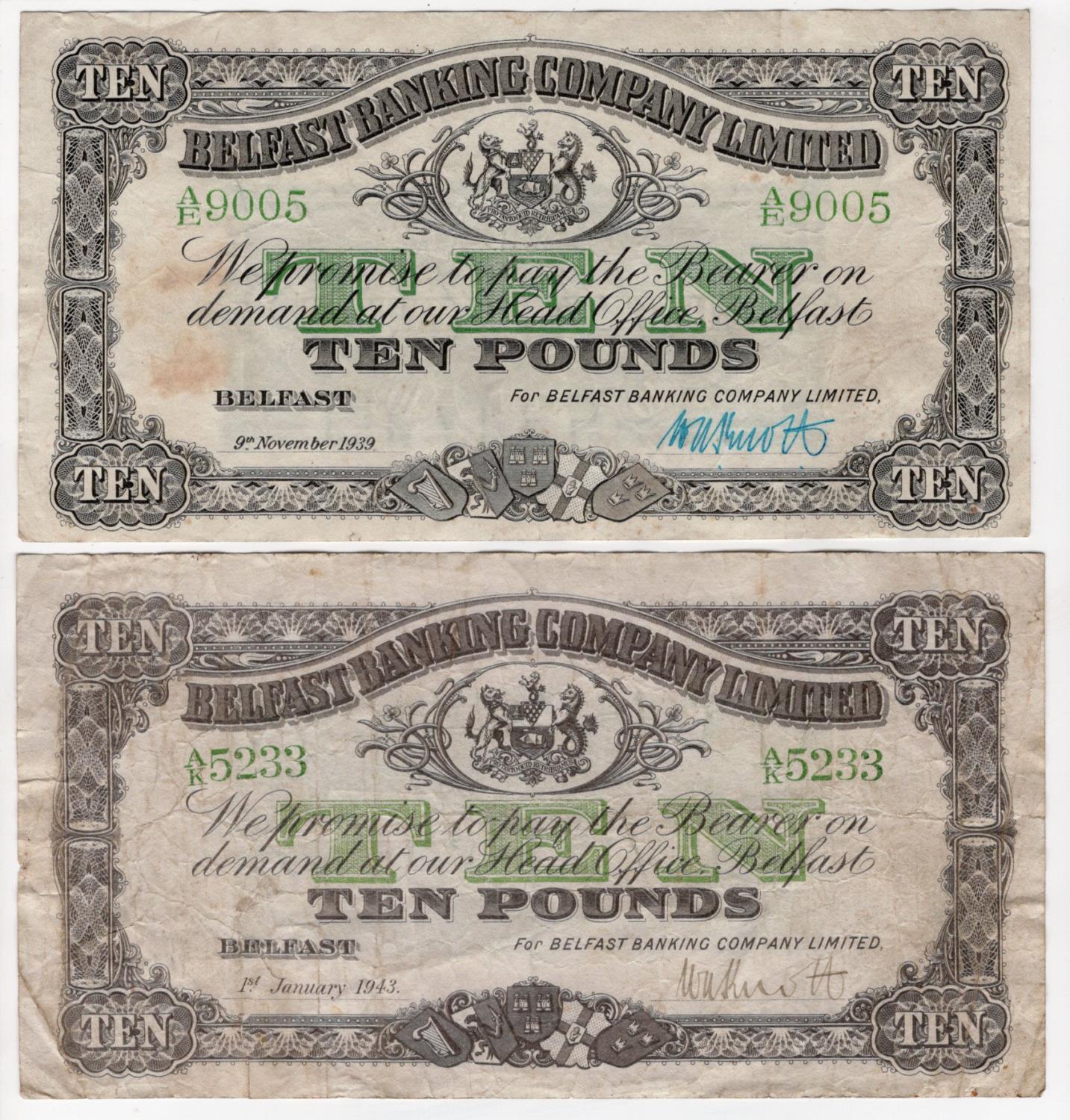 Northern Ireland, Belfast Banking Company Limited (2), 10 Pounds dated 1st January 1943, serial A/