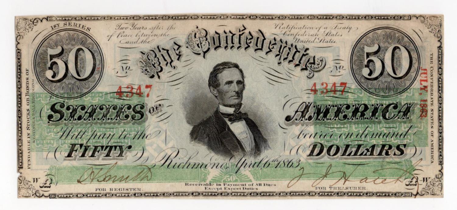 Confederate States of America, 50 Dollars dated 6th April 1863, serial No. 4347 Plate WA 1st