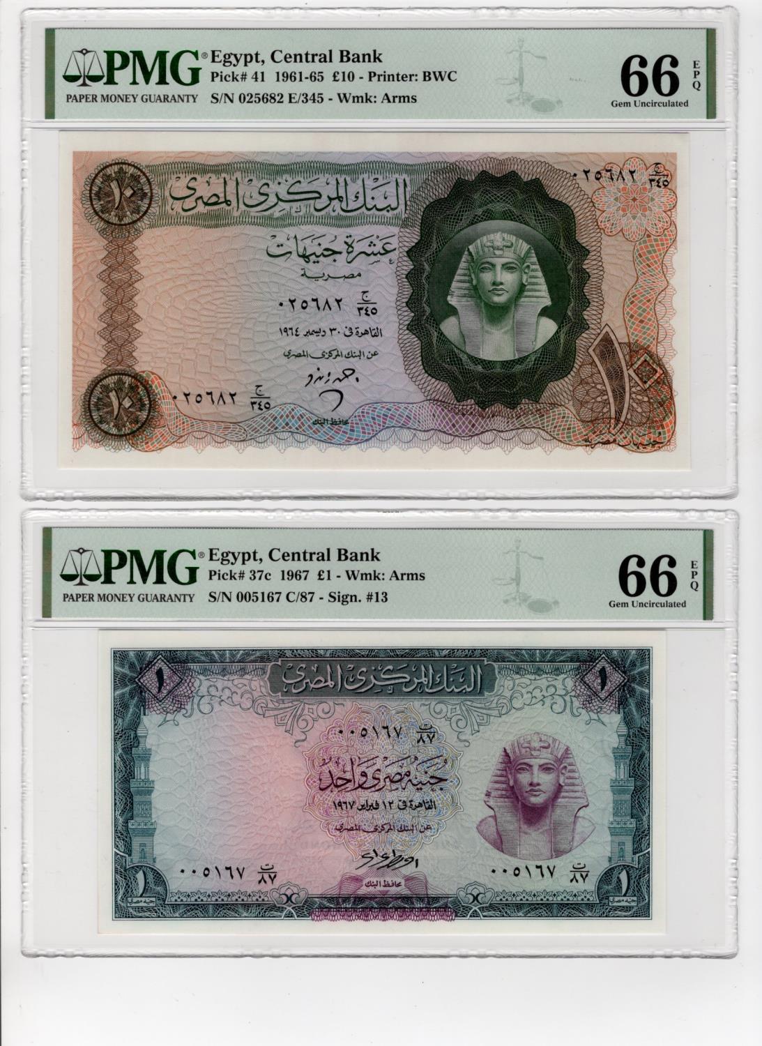 Egypt (2), 10 Pounds dated 1964 signed Zendo, serial 025682 E/345 (BNB B307b, Pick41), 1 Pound dated