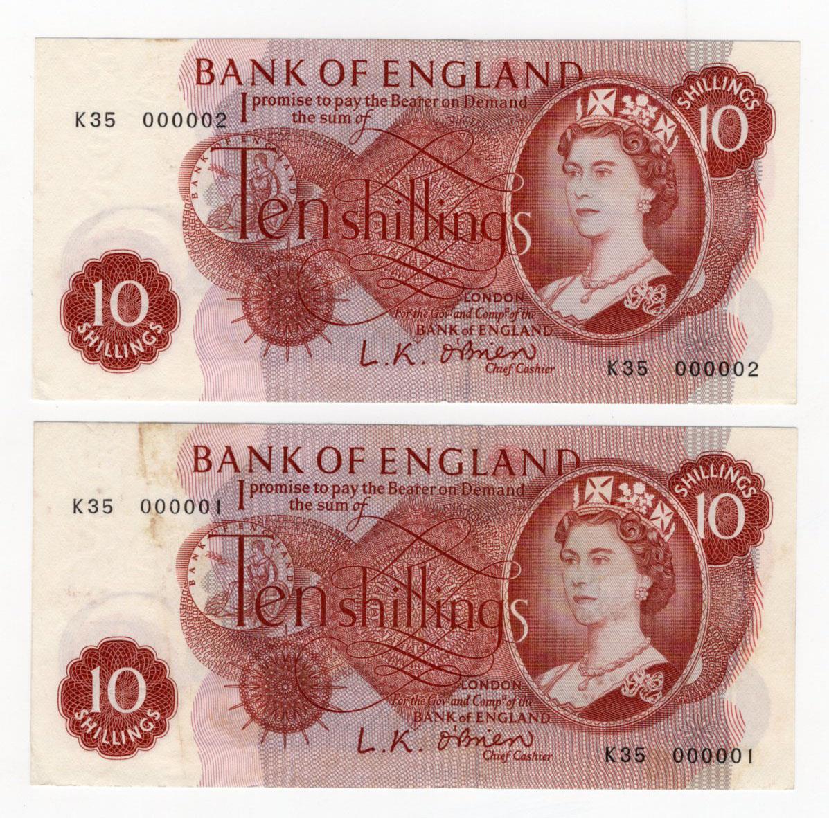 O'Brien 10 Shillings (B286) issued 1961 (2), rare a very hard to find NUMBER 1 note plus the