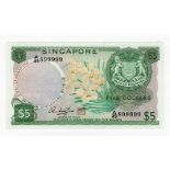 Singapore 5 Dollars issued 1973, seal type II, Orchid series, near SOLID serial number, serial A/