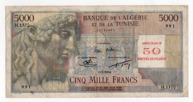 Algeria 50 Nouveaux Francs overprint on 5000 Francs dated 1st March 1956, serial H.1570 991 (BNB