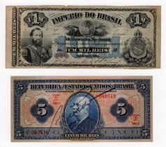 Brazil (2), Imperio Do Brasil 1 Mil Reis issued 1870, Estampa 5a serial no. 03356 (PickA244) edge