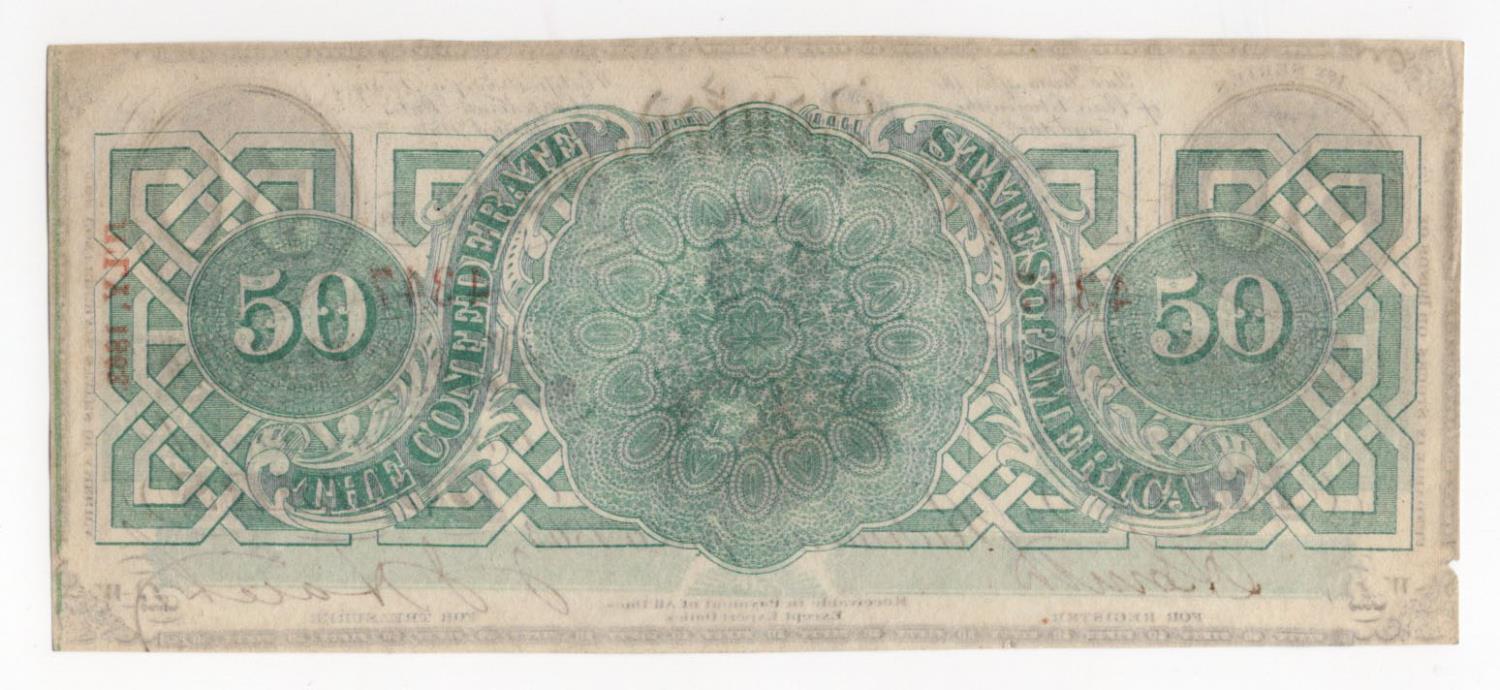 Confederate States of America, 50 Dollars dated 6th April 1863, serial No. 4347 Plate WA 1st - Image 2 of 2