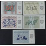 Lithuania (5), 50 Talonas, 25 Talonas, 5 Talonas, 3 Talonas and 1 Talonas all dated 1991, all