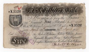 Dorsetshire Bank, Axminster, Devon 5 Pounds dated 14th April 1890, serial X3528 for Robert Williams,