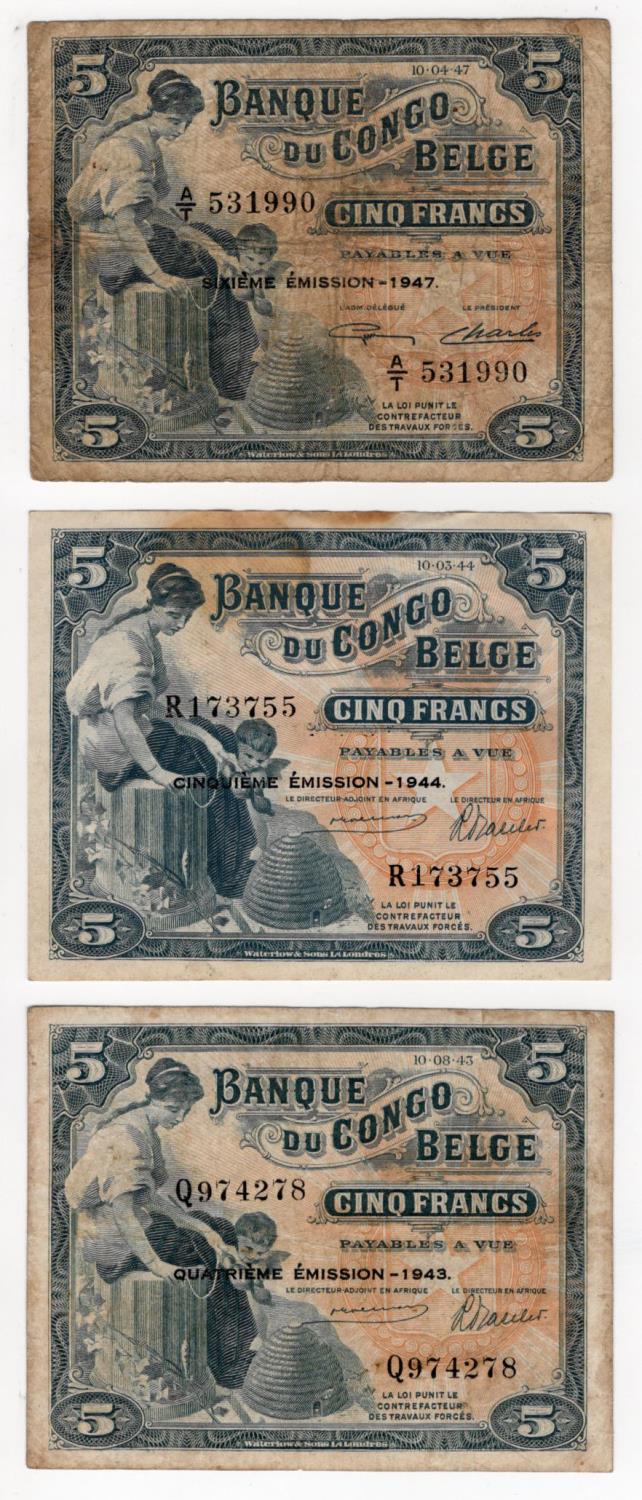 Belgian Congo (3) 5 Francs dated 1943 Quatrieme Emission, 5 Francs dated 1944 Cinquieme Emission,