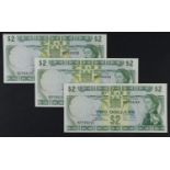 Fiji 2 Dollars (3) issued 1974, signed Barnes & Tomkins, a consecutively numbered run, serial B/2