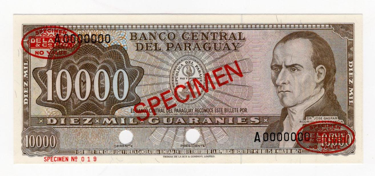 Paraguay 10000 Guaranies issued Law 1952, SPECIMEN note serial A0000000, red Thomas de la Rue