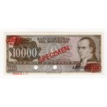 Paraguay 10000 Guaranies issued Law 1952, SPECIMEN note serial A0000000, red Thomas de la Rue