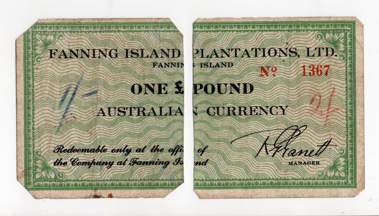 Fanning Island Plantations Ltd. 1 Pound Emergency Issue, during WW2 there was a shortage of