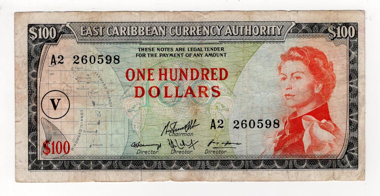 East Caribbean 100 Dollars issued 1965, serial A1 292298 (BNB B104cv, Pick16n) edge nicks, some