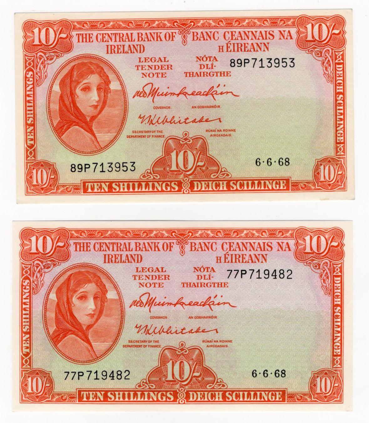 Ireland Republic 10 Shillings (2) dated 6th June 1968, both last date and one last prefix of