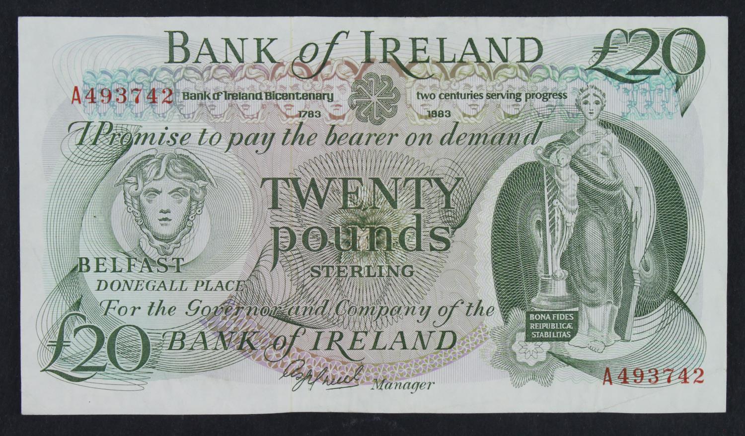 Northern Ireland, Bank of Ireland 20 Pounds issued 1983, Commemorative note Bicentenary, signed A.