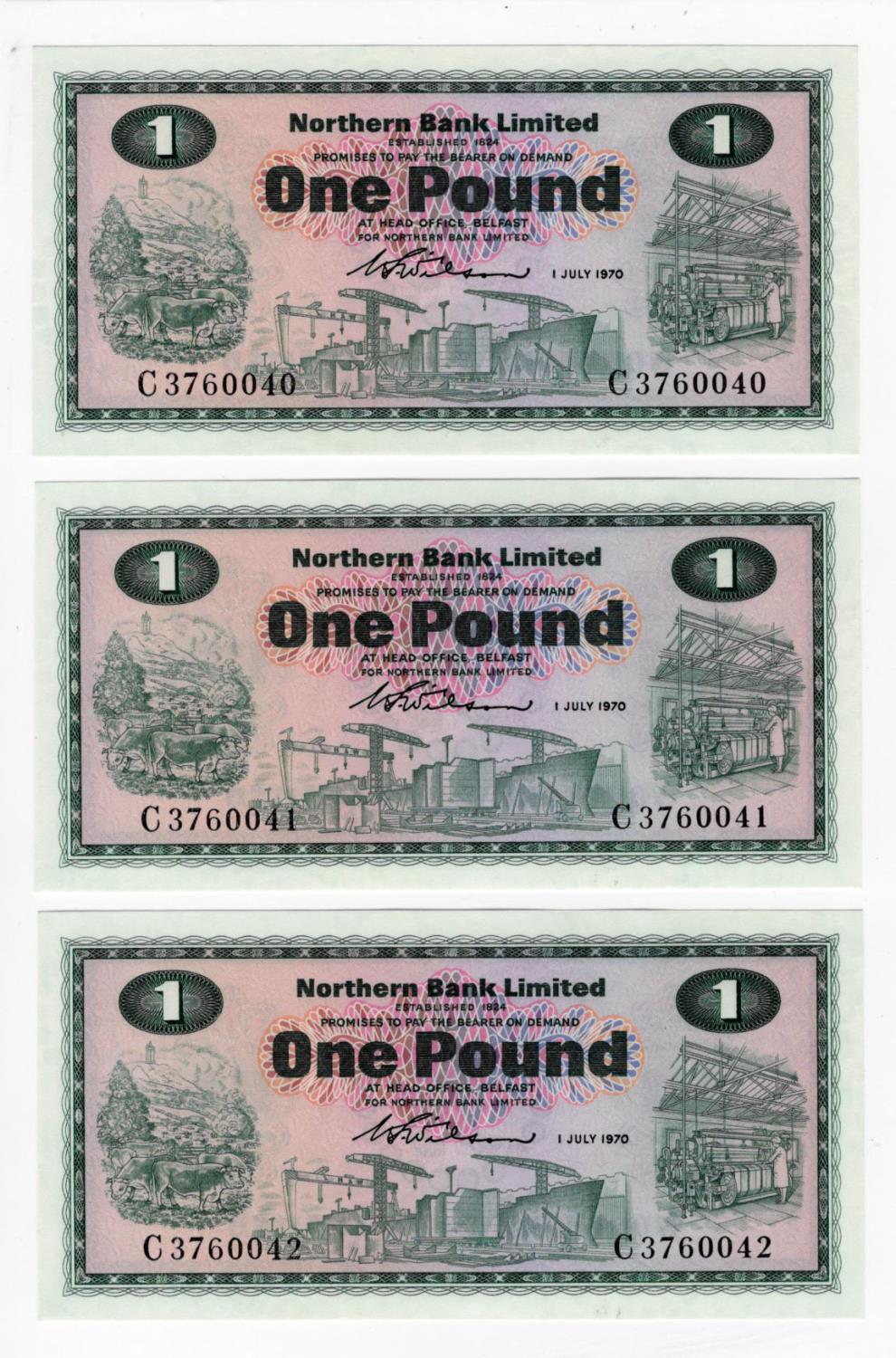 Northern Ireland, Northern Bank Limited 1 Pound (3) dated 1st July 1970 signed W.S. Wilson, a