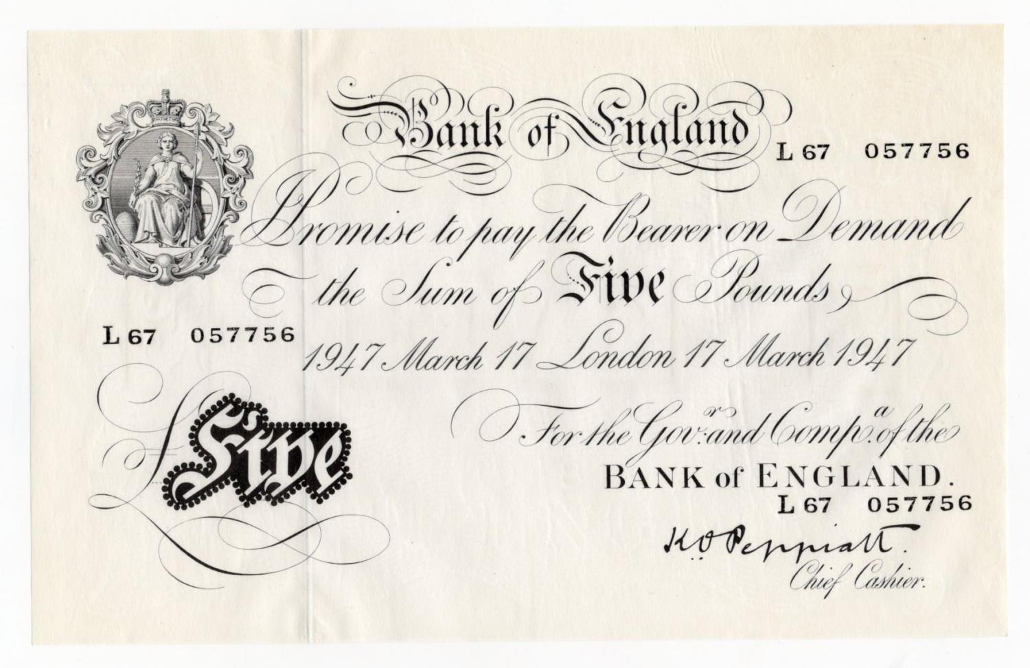 Peppiatt 5 Pounds (B264) dated 17th March 1947, serial L67 057756, London issue on thin paper, a