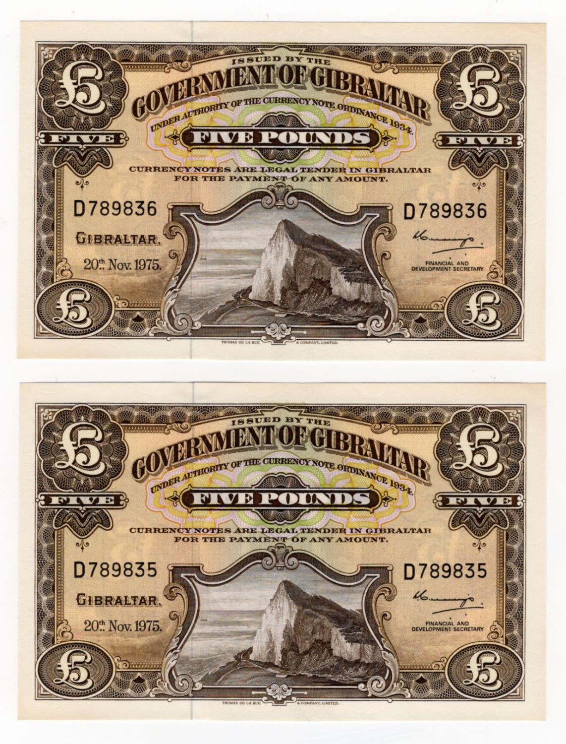 Gibraltar 5 Pounds (2) dated 1975, a consecutively numbered pair, serial D789835 & D789836 (BNB