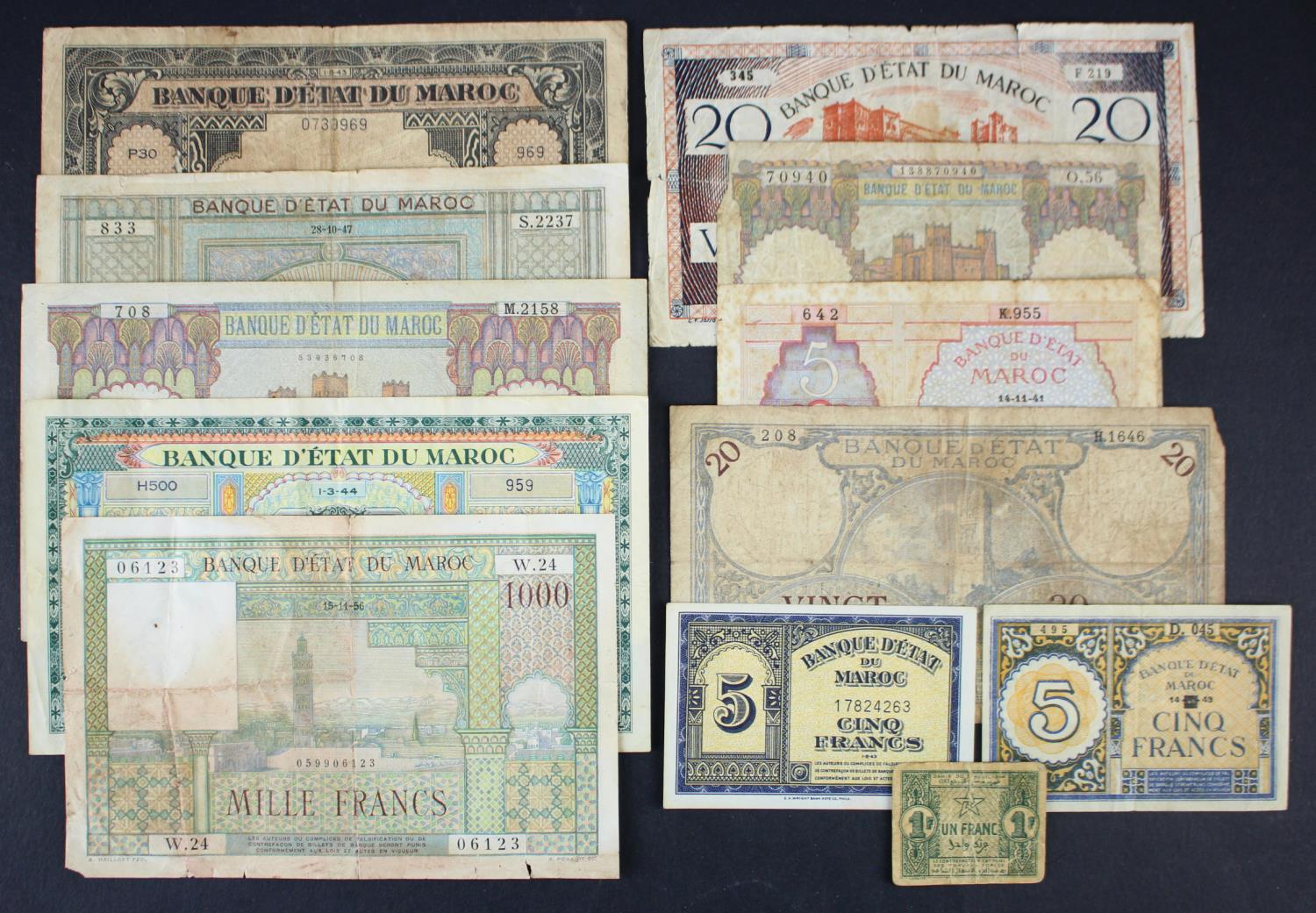 Morocco (12), 1000 Francs dated 1956, 100 Francs (3) dated 1944, 1946 and 1952, 50 Francs (2)