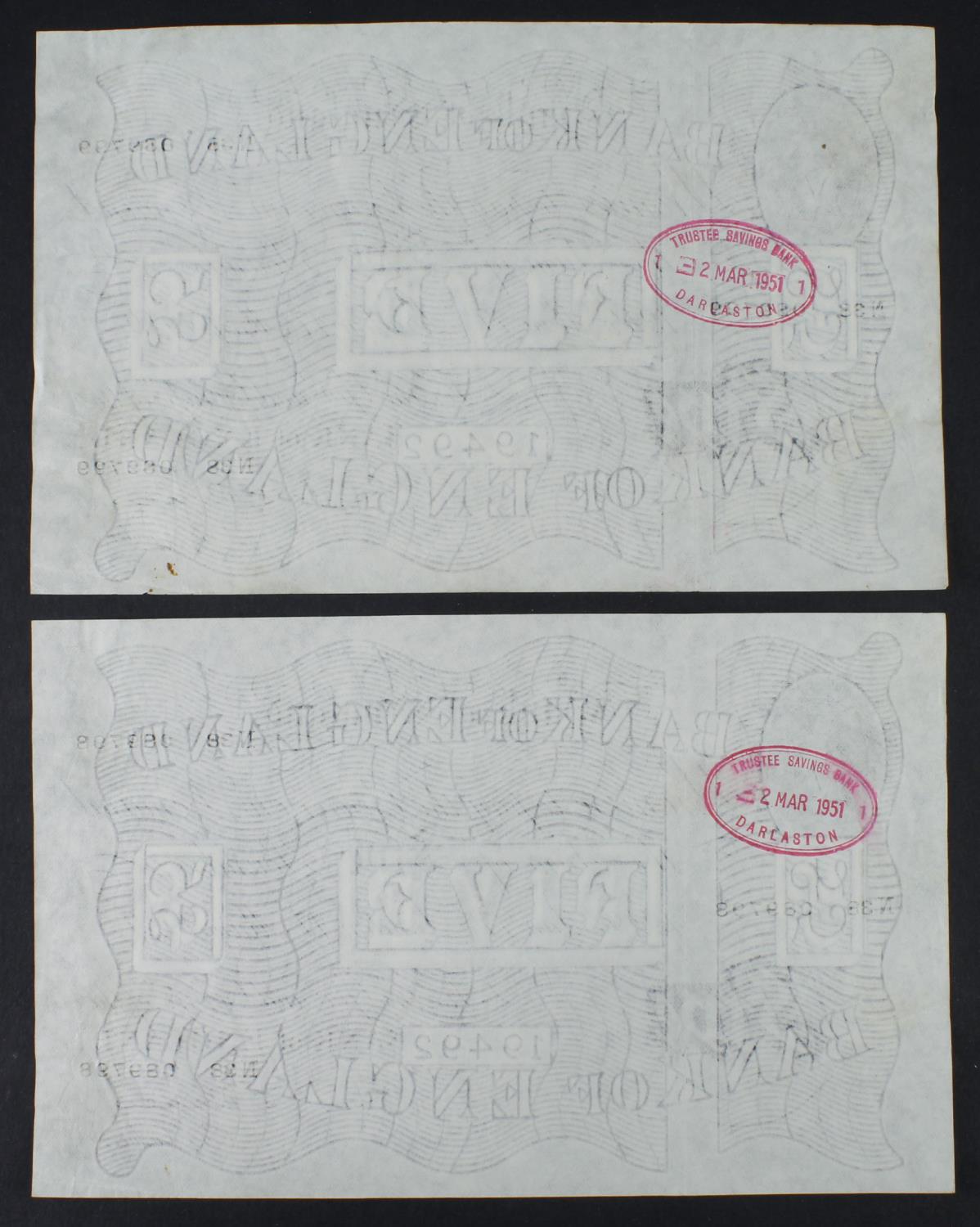 Beale 5 Pounds (B270) dated 17th May 1949 (2), a consecutively numbered pair from a group of 8 - Image 2 of 2
