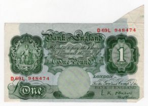 ERROR O'Brien 1 Pound issued 1955, extra paper at top right, serial D69L 948474 (B271, Pick368c) VF