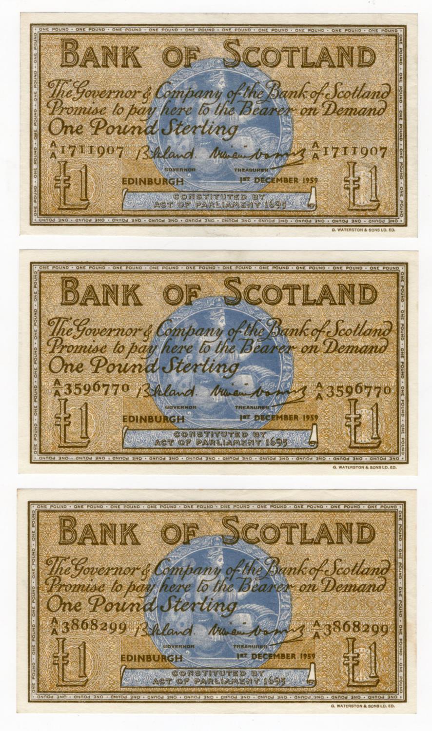 Scotland, Bank of Scotland 1 Pound (3) dated 1st December 1959, signed Lord Bilsland and William