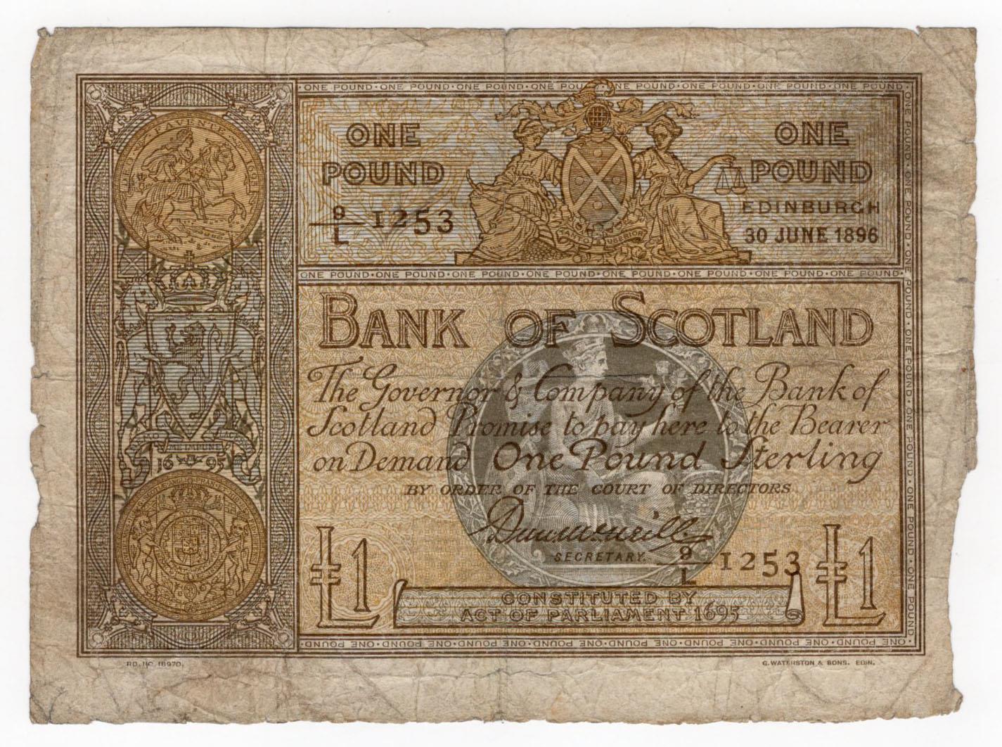Scotland, Bank of Scotland 1 Pound dated 30th June 1896, signed Duncan McNeill, serial 9/L 1253 (PMS