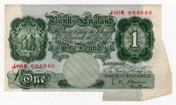 ERROR O'Brien 1 Pound issued 1955, rare FISHTAIL extra paper error at bottom and right, serial
