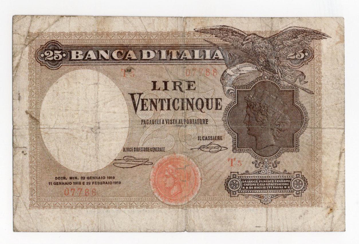 Italy 25 Lire dated 22nd February 1919, serial T5 07788 (BNB B406b, Pick42b) edge nicks, splits