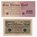 Germany (2) 1 Billion or 1000 Milliarden Mark dated 1st November 1923, serial C.00342671 (BNB B294a,