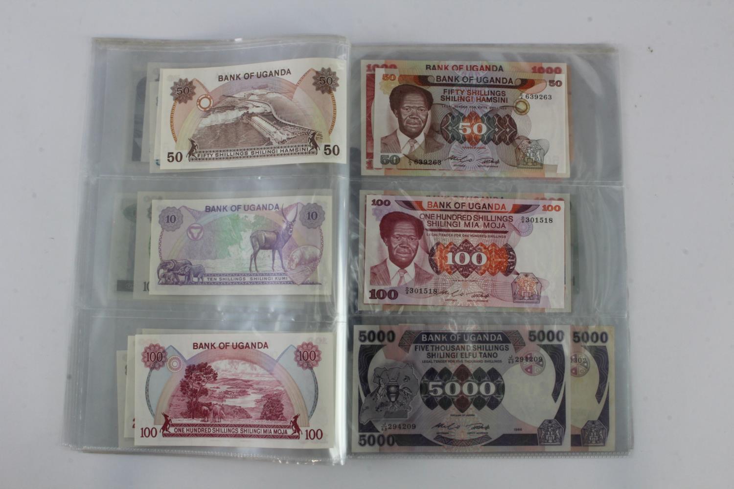 Uganda (35), an Uncirculated group in album pages, 5 Shillings, 10 Shillings, 20 Shillings, 50 - Image 9 of 15