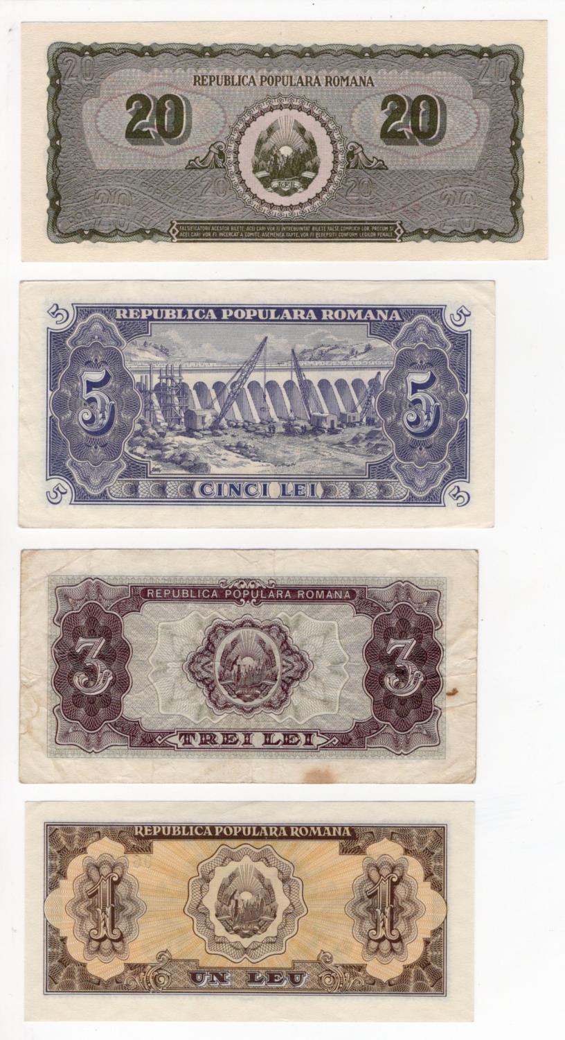 Romania (4), 20 Lei dated 15th June 1950 serial Y/2 0896624, 1 Lei, 3 Lei and 5 Lei dated 1952 ( - Image 2 of 2