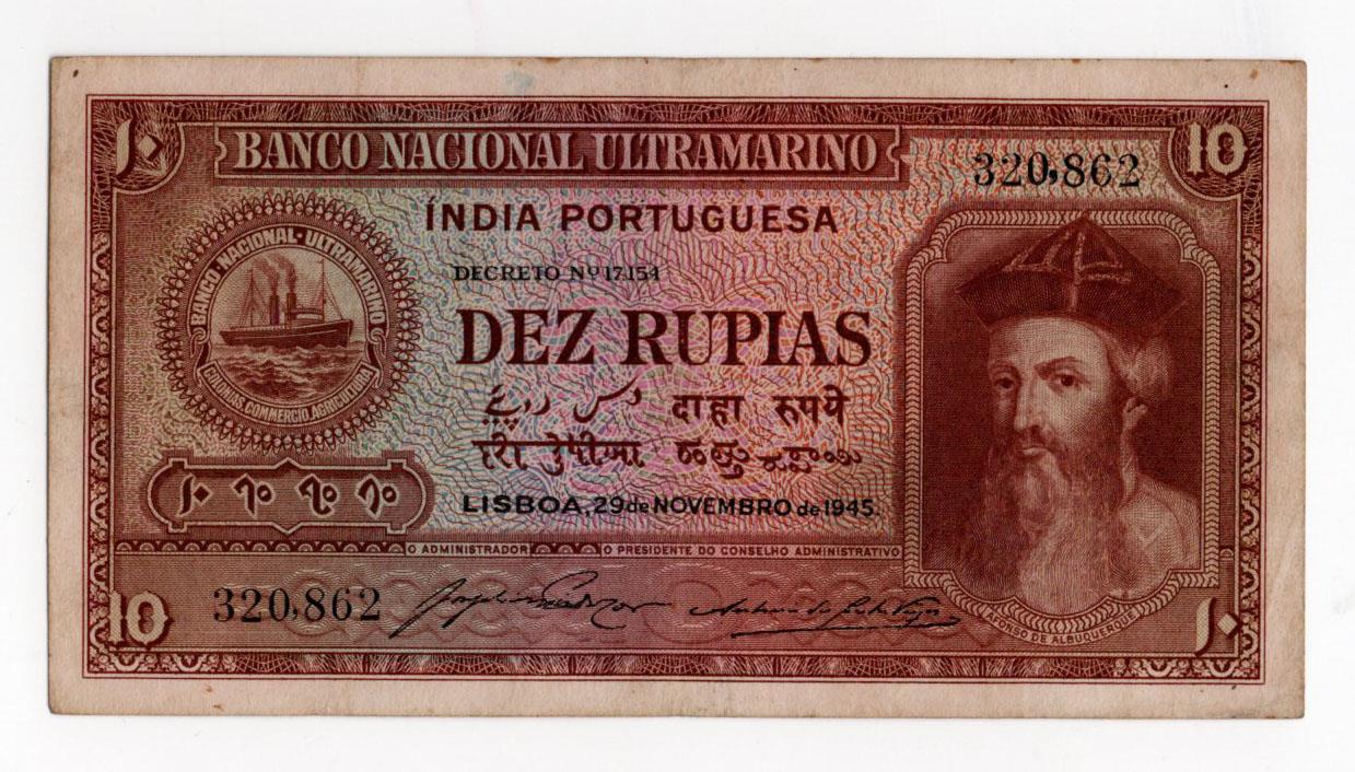 Portuguese India 10 Rupias dated 29th November 1945, Afonso de Albuquerque at right, serial no.