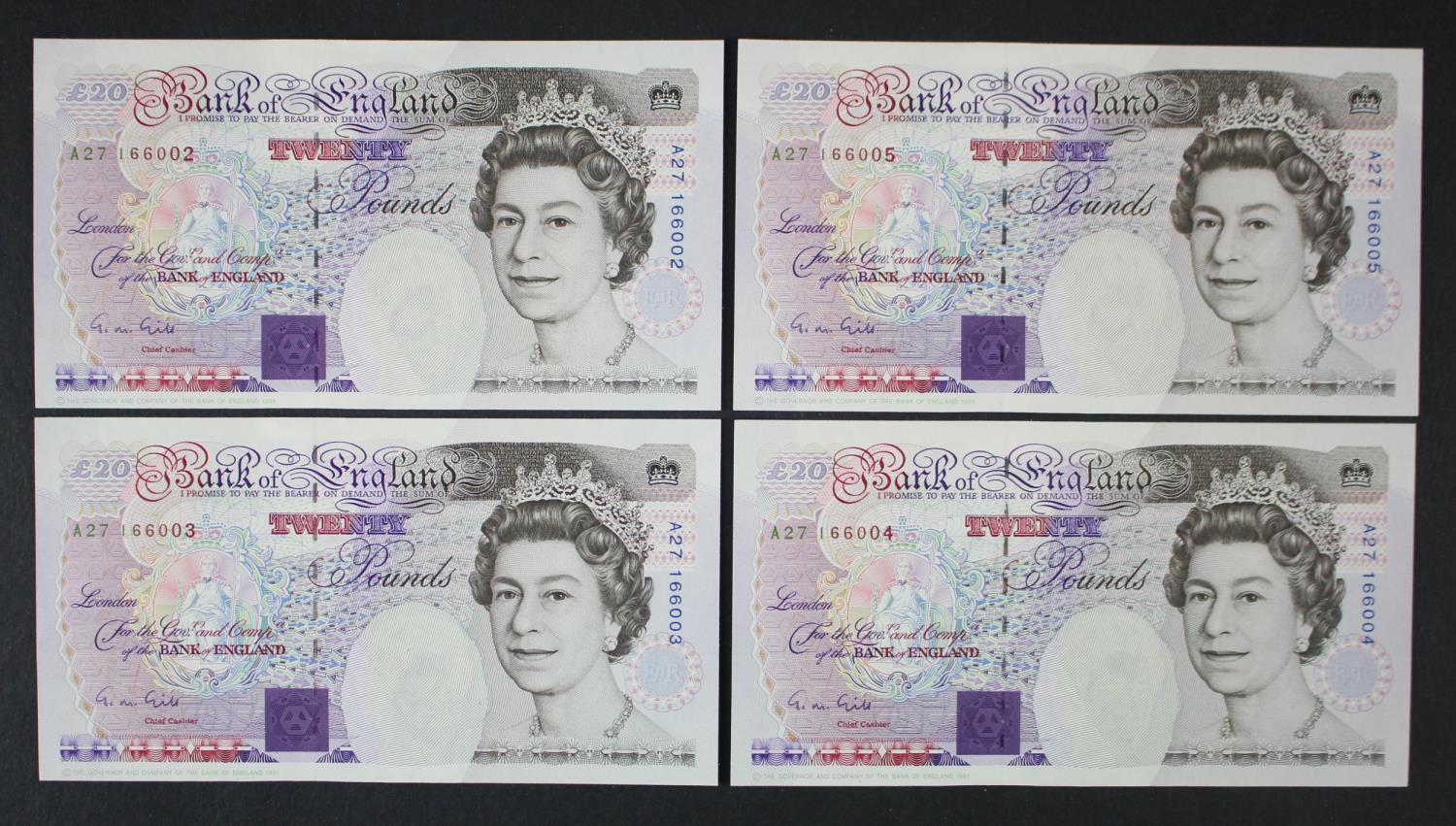 Gill 20 Pounds (B358) issued 1991 (4), a consecutively numbered run of FIRST SERIES notes, serial