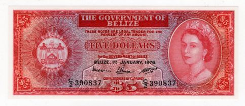 Belize 5 Dollars dated 1st January 1976, Queen Elizabeth II portrait at right, serial C/2 390837 (