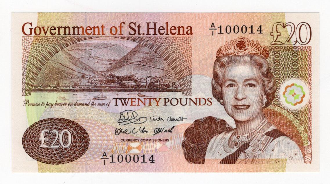Saint Helena 20 Pounds dated 2004, FIRST RUN with very LOW serial number A/1 100014, the issued