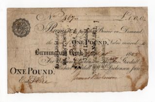 Birmingham Bank 1 Pound dated 1807, serial No. 407 for Dickenson, Goodall, Goodall & Dickenson Jnr.,