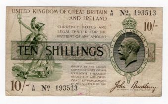 Bradbury 10 Shillings (T18) issued 1918, serial A/14 193513, No. with dash (T18, Pick350a) small