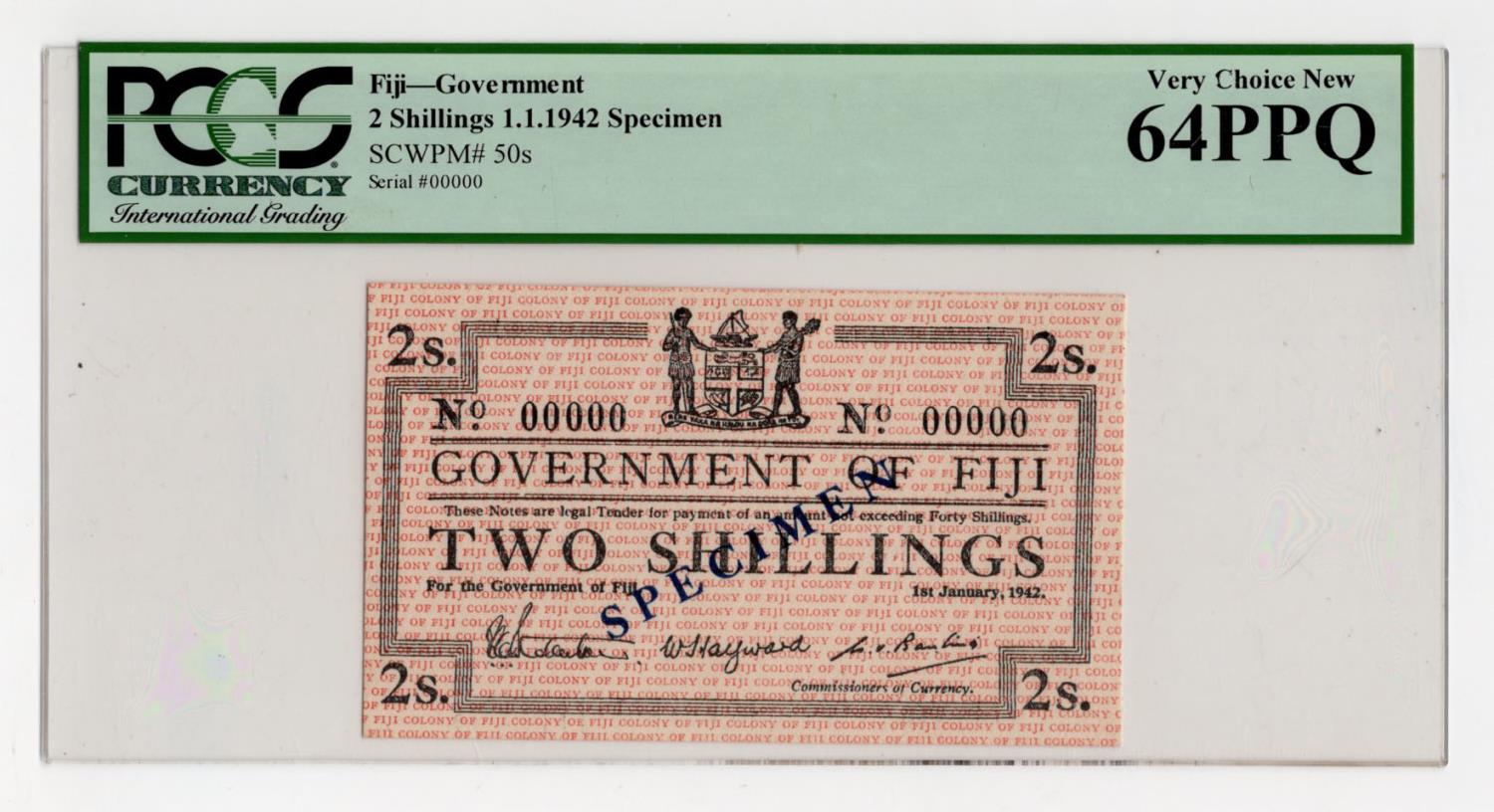 Fiji 2 Shillings dated 1942, SPECIMEN note serial No. 00000, specimen overprint in blue on front (