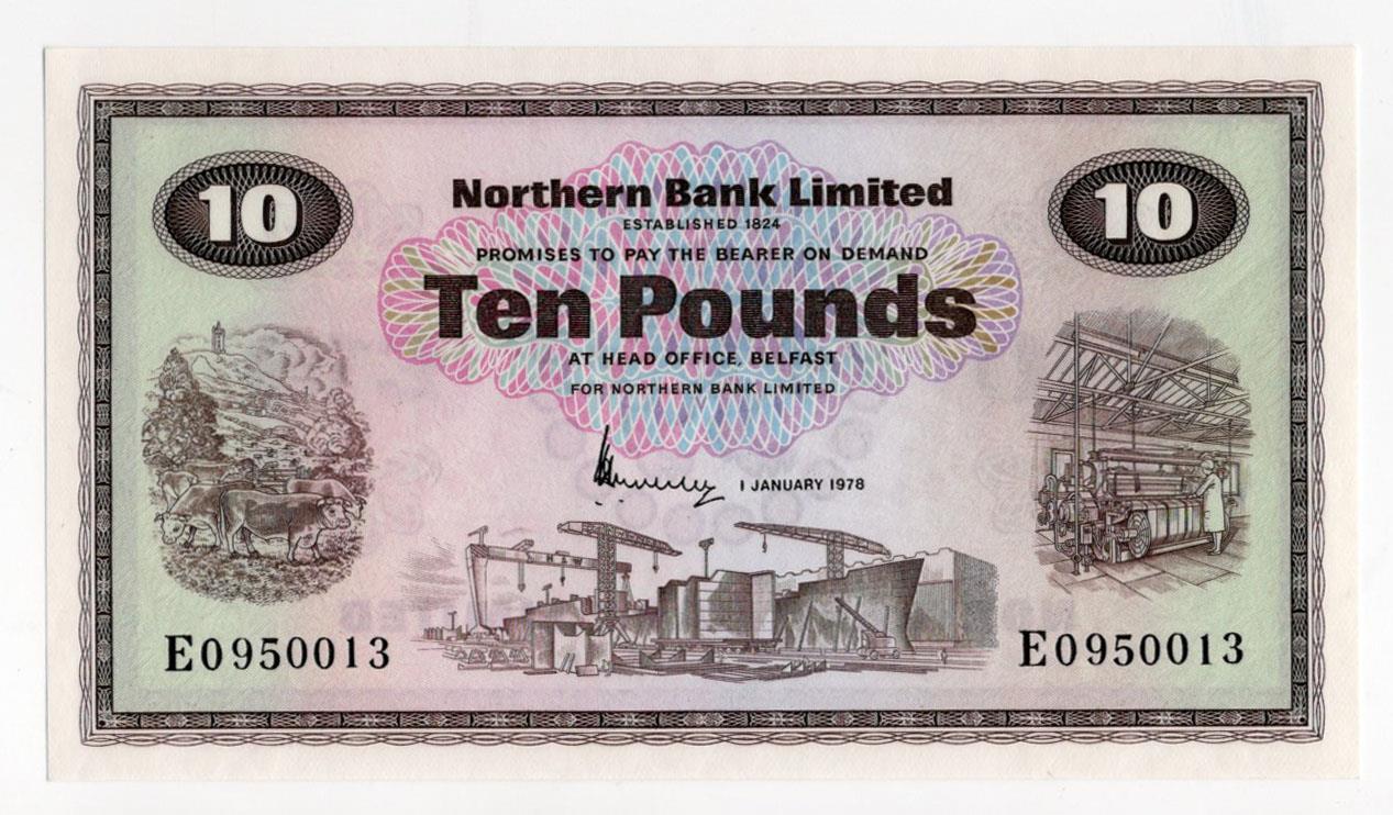 Northern Ireland, Northern Bank Limited 10 Pounds dated 1st January 1978, signed J.B. Newland,