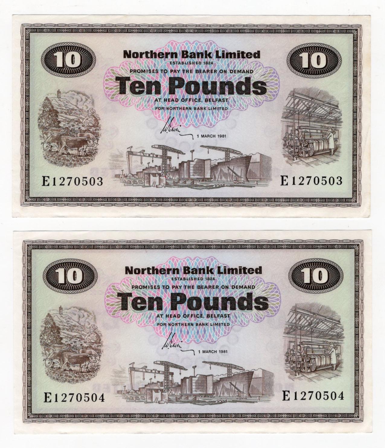 Northern Ireland, Northern Bank Limited 10 Pounds (2) dated 1st March 1981, a consecutively numbered