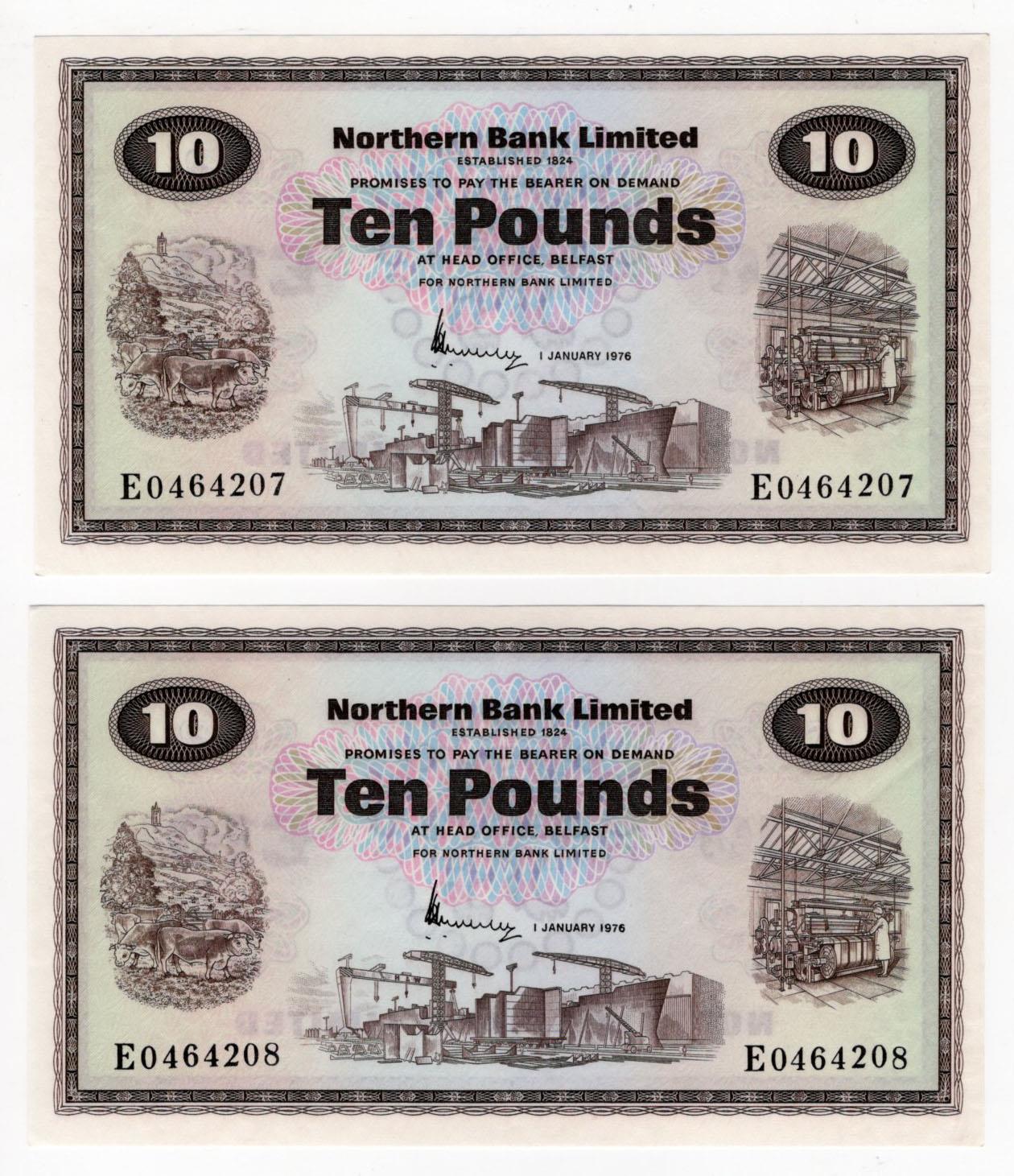 Northern Ireland, Northern Bank Limited 10 Pounds (2) dated 1st January 1976, a consecutively