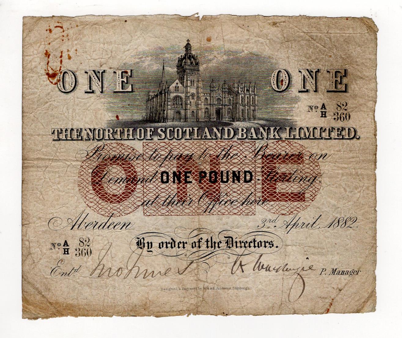 Scotland, North of Scotland Bank Limited 1 Pound dated 3rd April 1882, handsigned by Manager and one