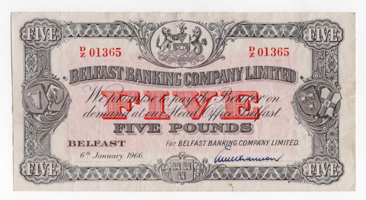 Northern Ireland, Belfast Banking Company Limited 5 Pounds dated 6th January 1966, signed E.